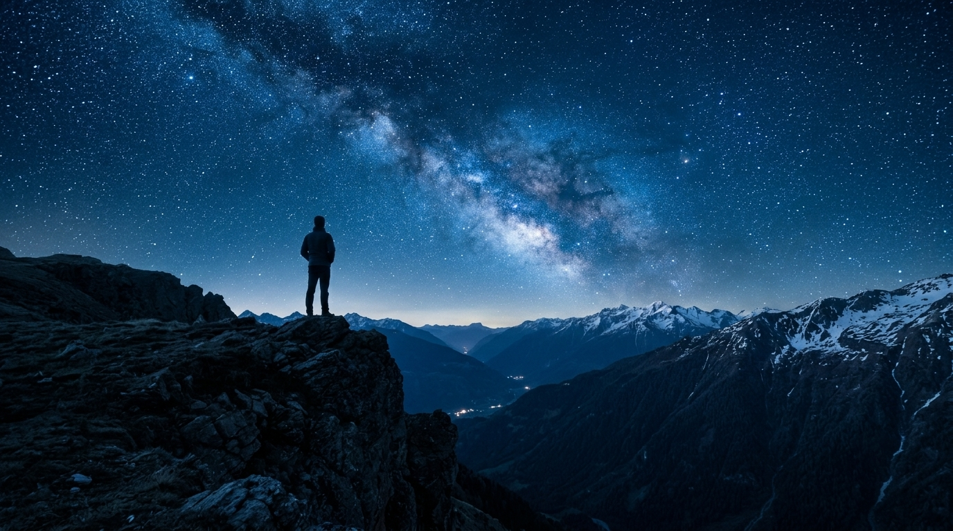 Silhouette of a person on a cliff gazing at the Milky Way over snowy mountains